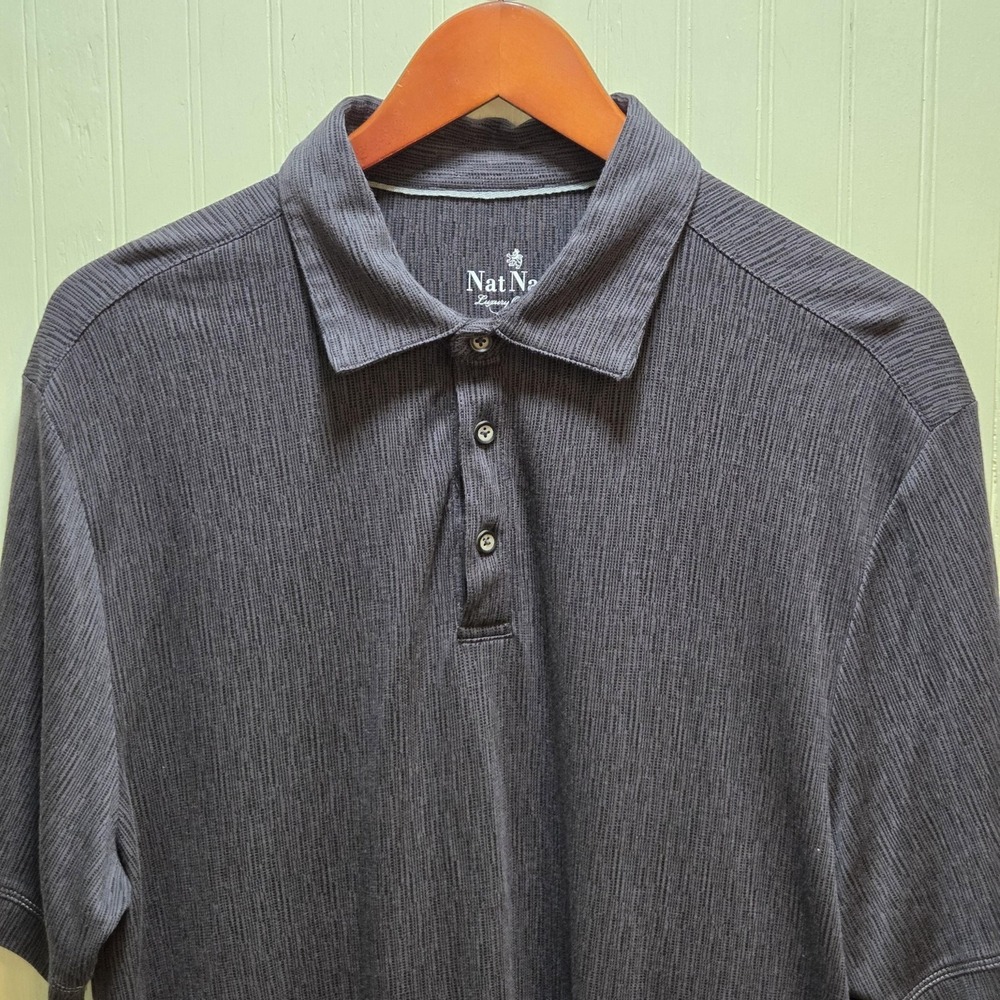 Nat Nast Polo Shirt Mens L‎ Gray Stripe Modal Polyester Knit Tagless Casual Top